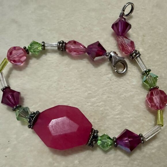 COLORFULâGEMSTONE & CRYSTAL BRACELET âSTERLING SILVER CLASP â ARTISAN STYLE 7.5â - Picture 9 of 17